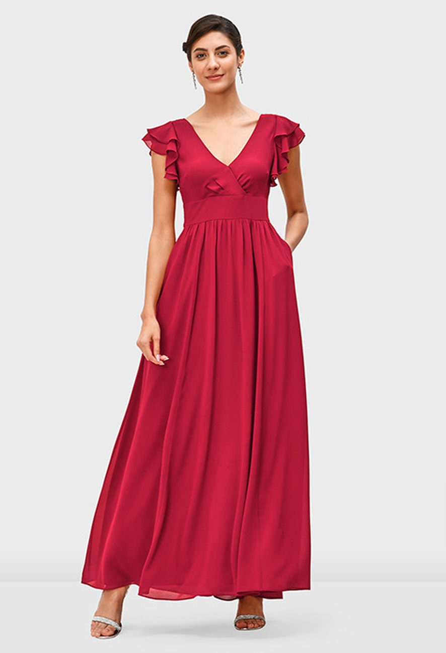 Flutter Sleeve Chiffon Surplice Empire Dress