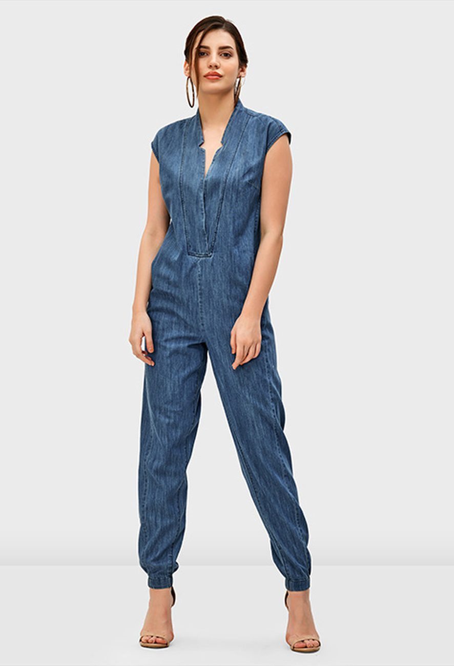 Notch Neck Surplice Cotton Denim Jumpsuit