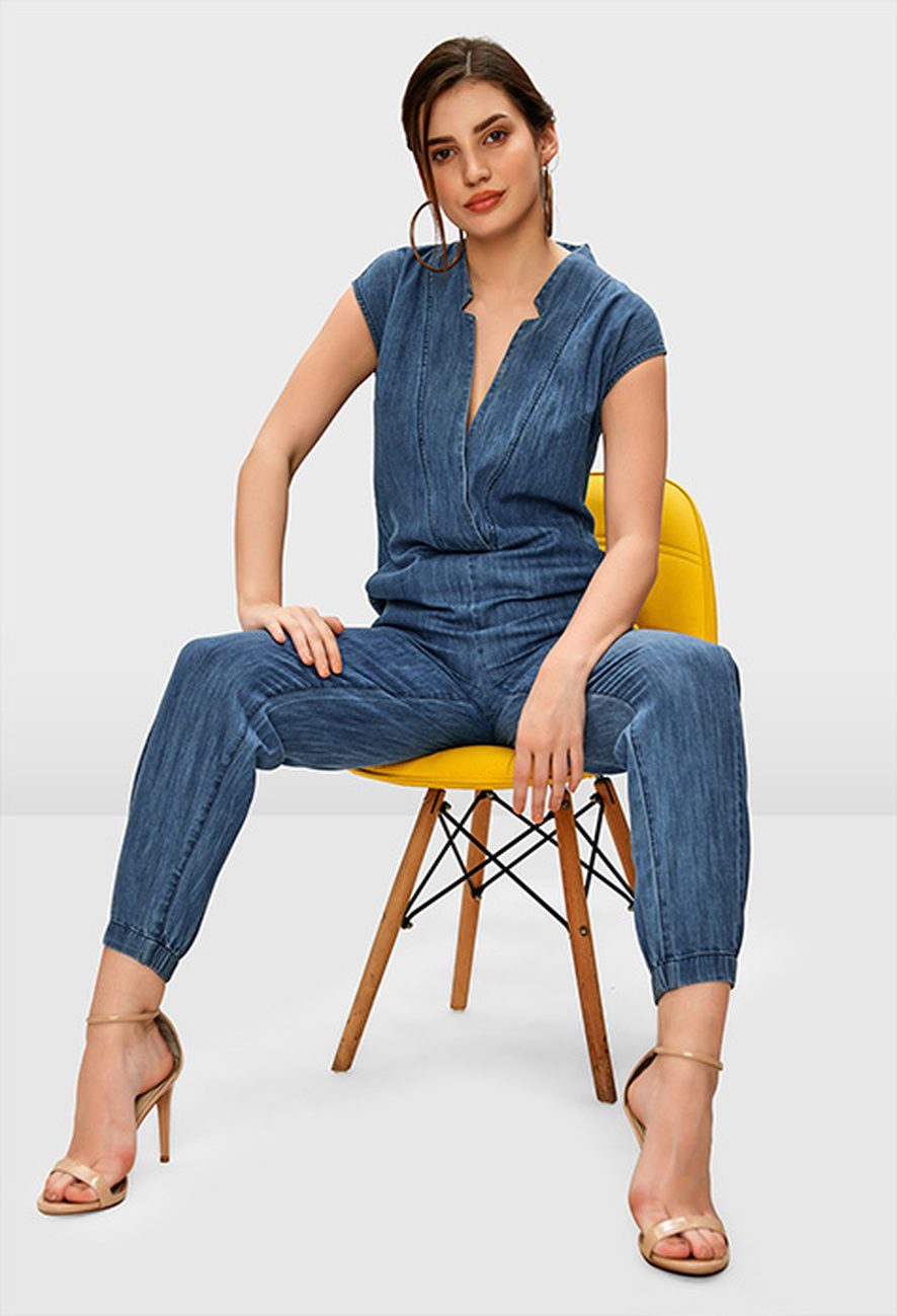 Notch Neck Surplice Cotton Denim Jumpsuit - Image 2
