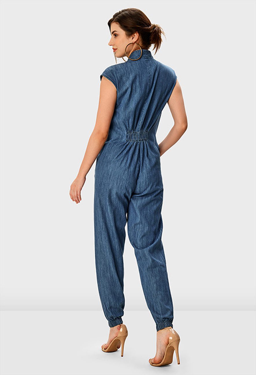Notch Neck Surplice Cotton Denim Jumpsuit - Image 4