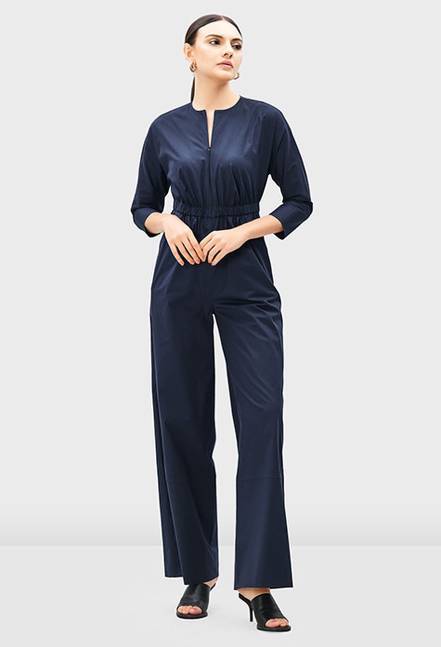 Zip Front Cotton Poplin Elastic Waist Jumpsuit
