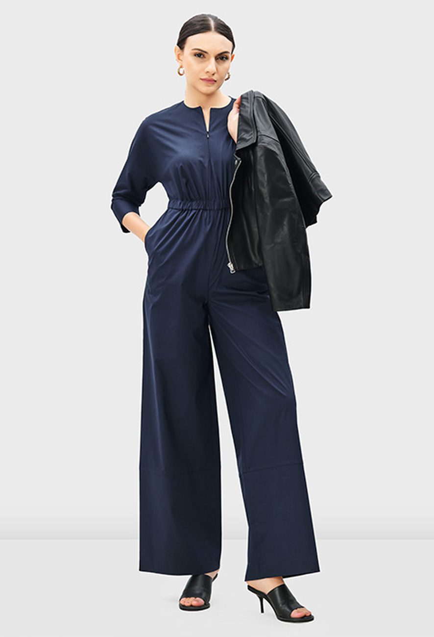 Zip Front Cotton Poplin Elastic Waist Jumpsuit - Image 2