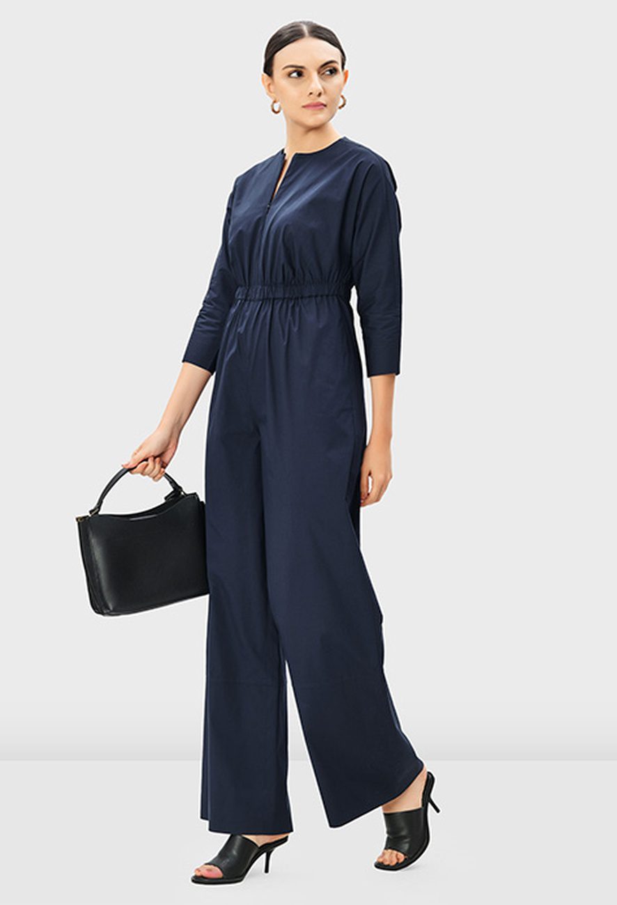 Zip Front Cotton Poplin Elastic Waist Jumpsuit - Image 3