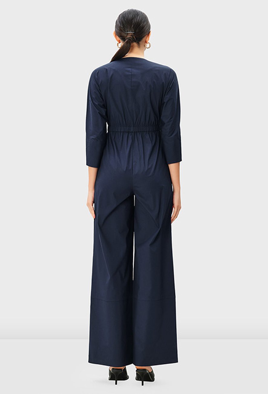 Zip Front Cotton Poplin Elastic Waist Jumpsuit - Image 4